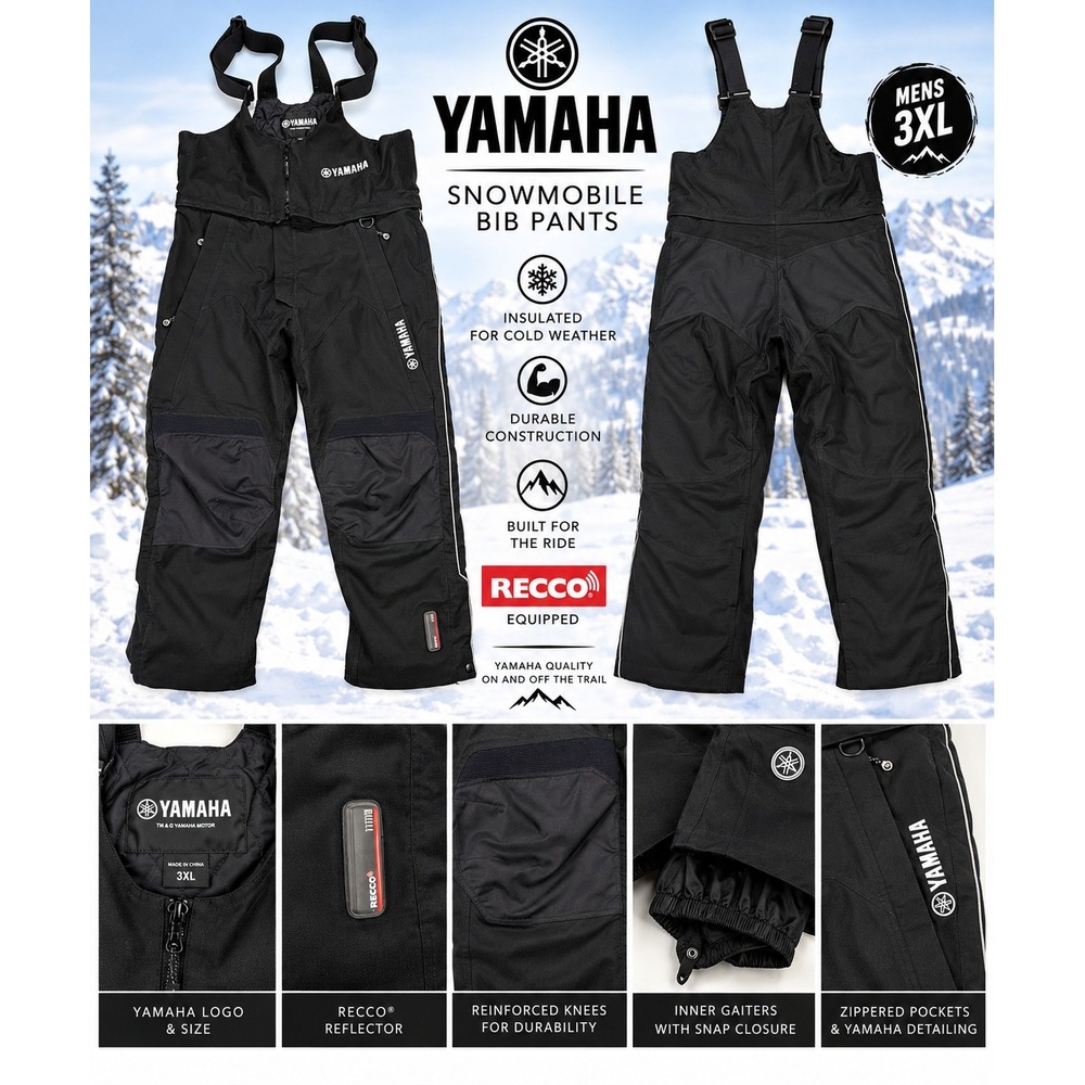 Yamaha Snowmobile Bib Pants Mens 3XL RECCO Insulated Black Snow Riding Gear 1929